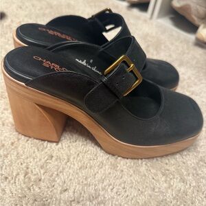 Charlotte Stone Black and Tan Mules with Gold Buckle